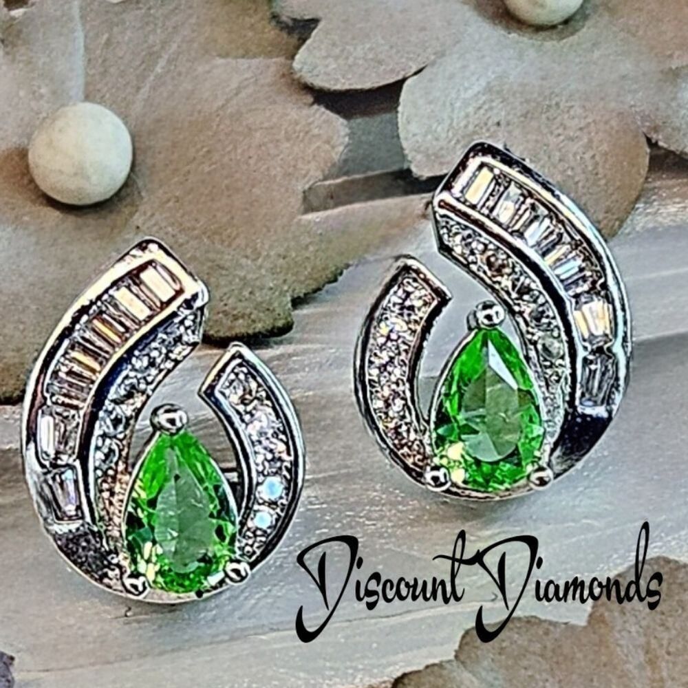 Green TeardropβSapphireΒ & White Baguette Diamond Earrings on 925 Silver